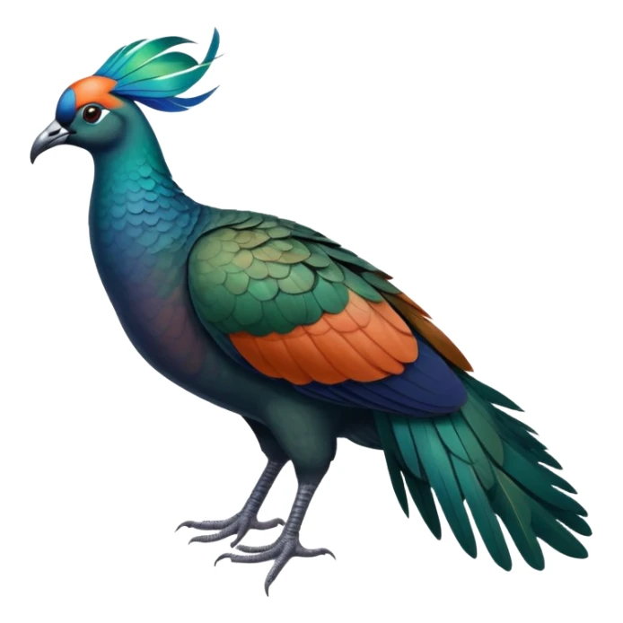 Nicobar pigeon with iridescent blue-green feathers, long neck feathers, bright orange beak, and white tail sticker