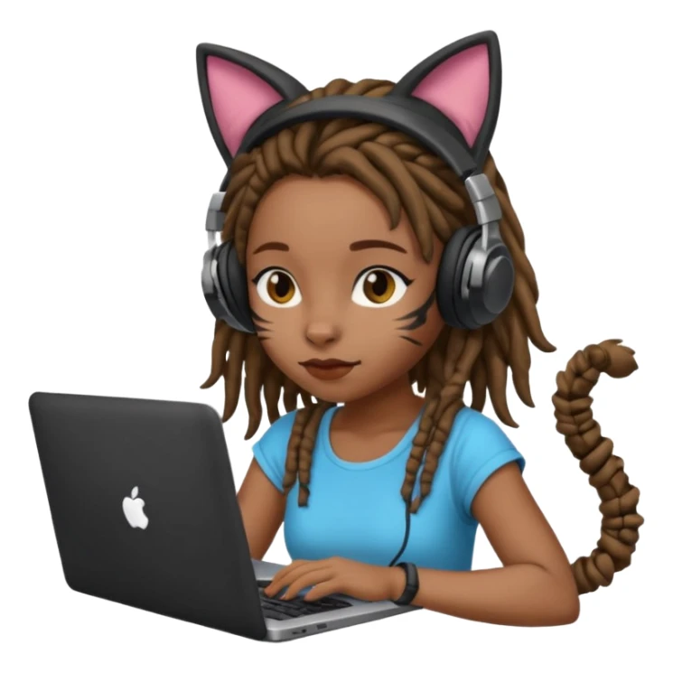 black girl with dreads who works remotely through a laptop with cat ear headphones sticker