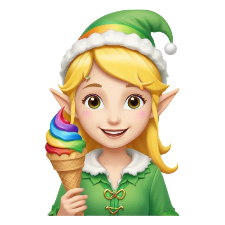 A cheerful elf girl with pointy ears holding a rainbow ice cream cone, smiling brightly.

 sticker