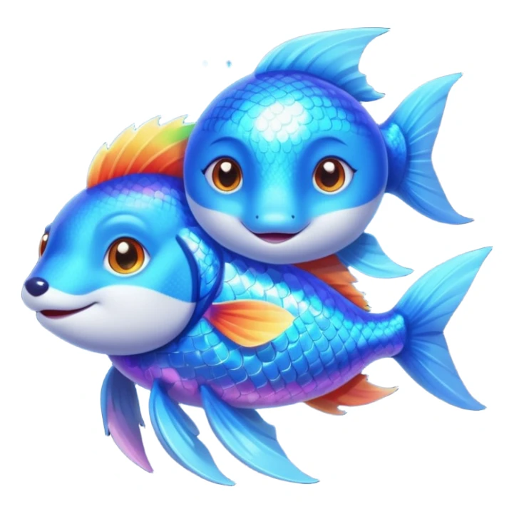 Make a pair of hugging or cuddling best friends: a rainbow fish glow with a magical aura and a vivid blue fox sticker