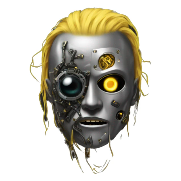 black metal male cyborg head with  one artificial eyeball, circuitry, goatee and dreaded yellow gold hair sticker