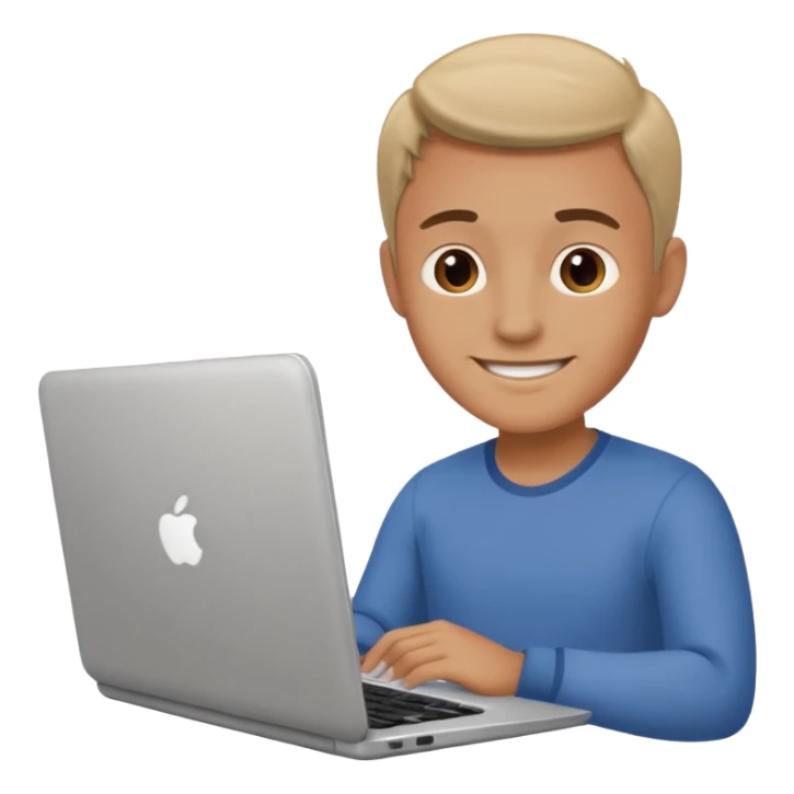 man looking at laptop and writing and smiling sticker