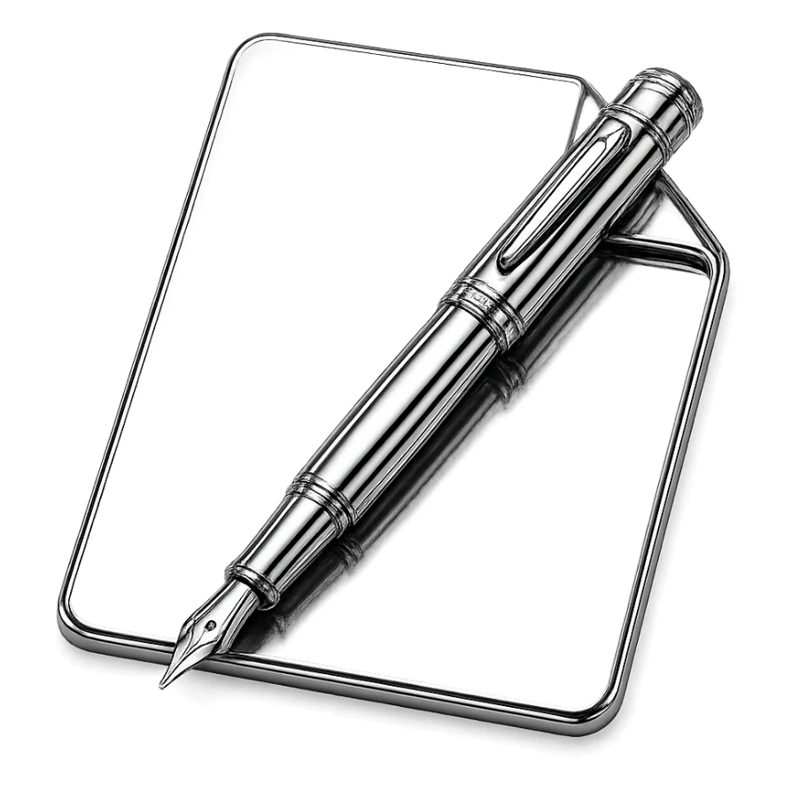 chrome style piece of paper with a metallic pen resting on it, highly reflective and polished sticker