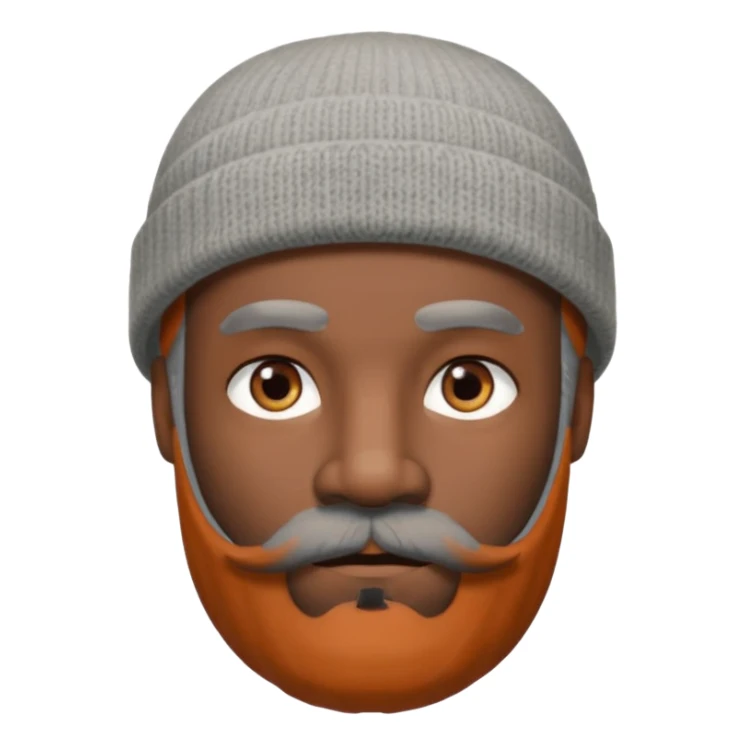 A dark-skinned man with a gray beanie, brown eyes, and a gray mustache and beard, wearing a calm expression. sticker