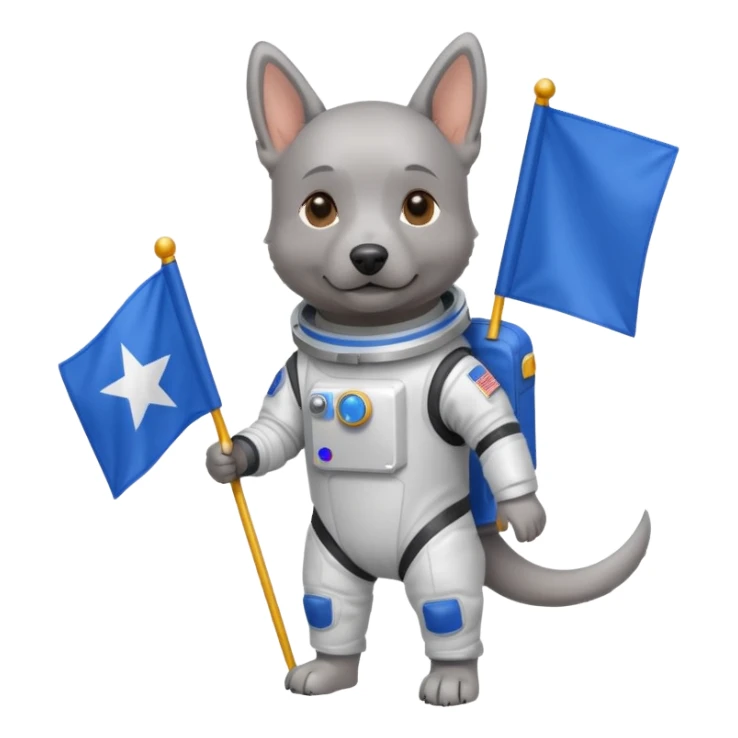 a gray dog in space suit, holding blue rectangle flag, full body, front view sticker
