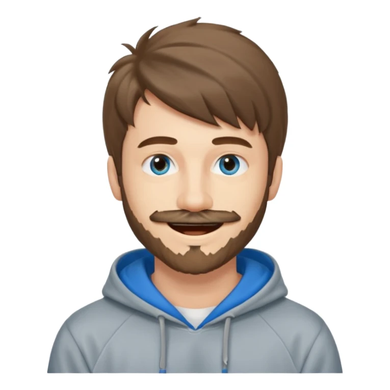 20 year old man, short scruffy beard and thin moustache, brown puffy mullet, blue eyes, big smile, white teeth, big lips, pronounced jaw, hair longer in back, sticking up on top, thin face, grey hooded sweatshirt, blue eyes sticker