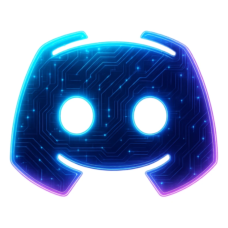Transform the Discord logo into a cyberpunk, holographic style with glowing neon blue and pink edges, circuit patterns throughout the logo, and a transparent background. Maintain the recognizable Discord mascot shape, overlaying neon and circuit effects in the same futuristic, clean cyberpunk style with consistent glow and intricate circuit details. sticker