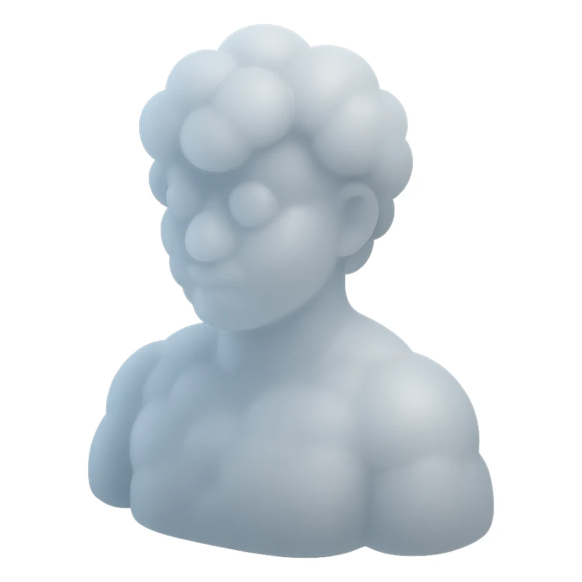 person made entirely of white fluffy convex clouds, shoulder up, front view, matte glass style sticker