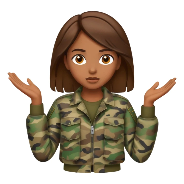 brown-skinned girl in camouflage, brown hair, shrugging sticker