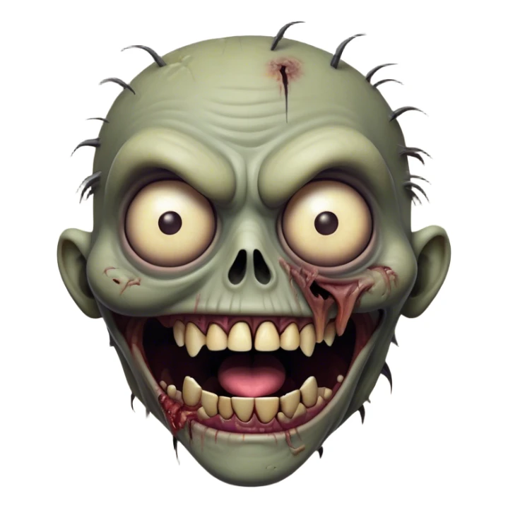 Cinematic Comical Zombie Portrait Emoji, with a grotesquely exaggerated yet playful decaying face in muted ashen tones, head cocked in a dramatically shocked expression with wildly comical, googly eyes and a gaping, silly grin revealing quirky stitches, simplified yet hilariously expressive, highly detailed with a soft eerie glowing outline capturing the absurd humor of a zombie in comic disbelief! sticker