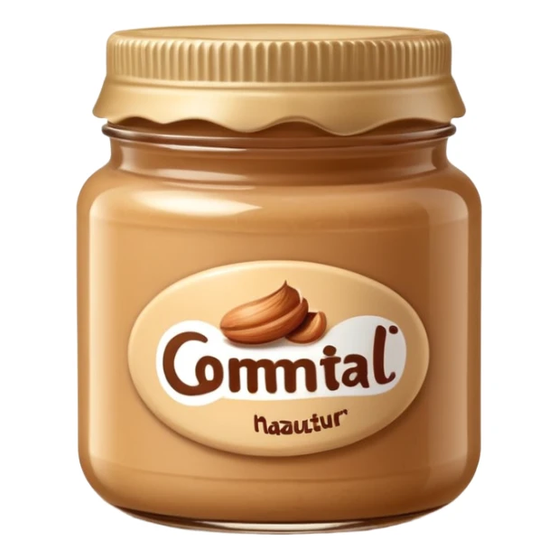 small glass or opaque jar filled with thick creamy hazelnut butter warm beige brown tone slightly swirled glossy smooth rich texture simple cap no label no branding slightly open reveal spread soft lighting subtle shadows transparent background emoji scale sticker