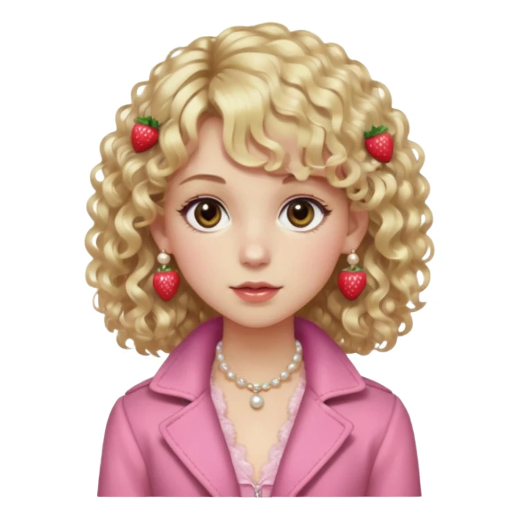 pale girl , who has curly medium length blonde and curly bangs, narrowed hazel eyes , slightly dark but shiny brown shadow, in a dark brown jacket with fur on the shoulders , wearing a pink laced camisole, wearing pearl earrings, wearing a strawberry hairclip sticker