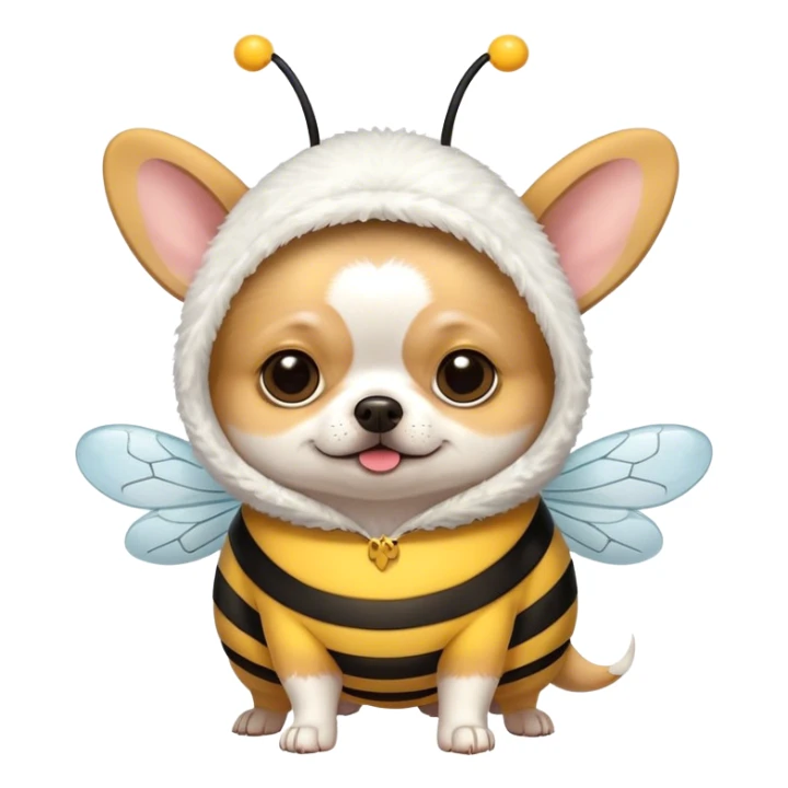 fat chihuahua with short white fur wearing a bee costume sticker