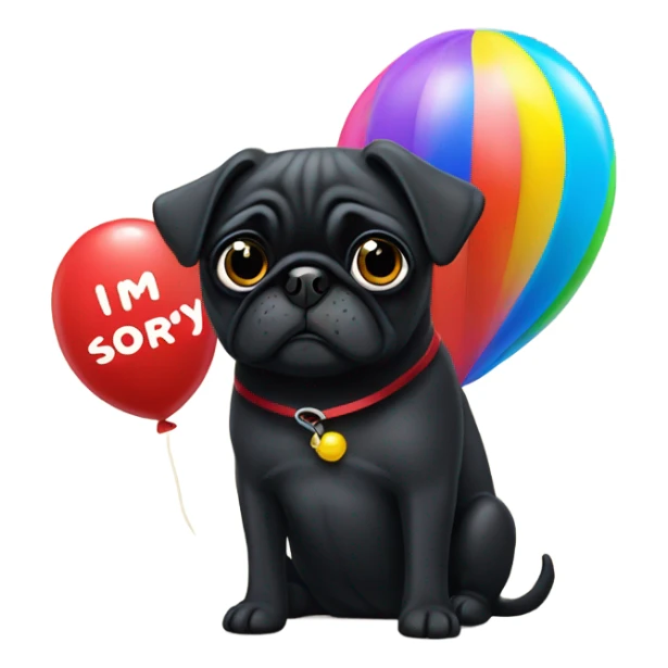 Black pug  and a ballon that says  “I’m sorry” sticker