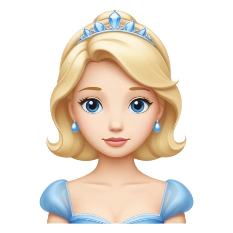 Cinematic Elegant Cinderella Portrait Emoji, rendered in a flat, vector-style with minimal shading and bold, simplified shapes. Depict Cinderella in her classic ball gown (chest and above) with fair, porcelain skin and elegantly styled blonde hair, her eyes soft and kind, and her expression serene and graceful. The design glows with a gentle, enchanting radiance and high shine, capturing the timeless beauty of a fairy tale princess. sticker