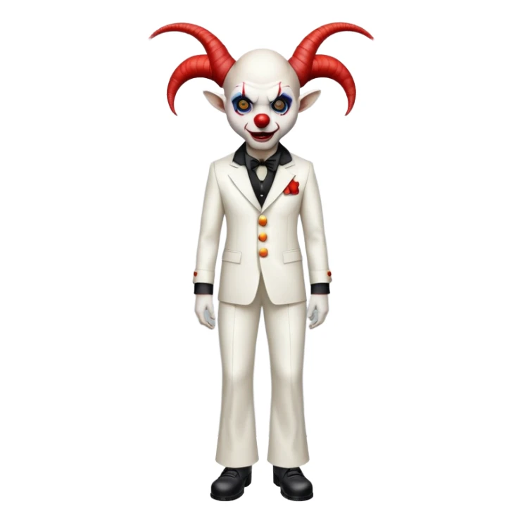 full-body demonic clown in a white leisure suit with bellbottom pants, bald, with black ram horns, wearing elevator shoes sticker