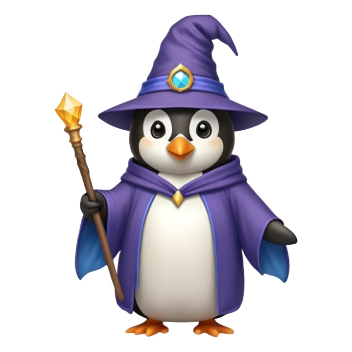 Penguin wearing wizard hat and robe holding a magic wand sticker