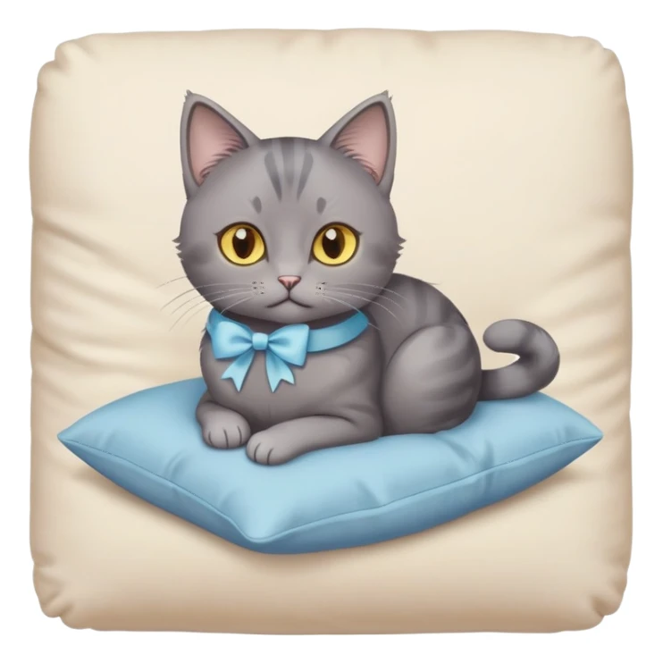 A grey cat with yellow eyes and a light blue bow sits on a beige pillow



 sticker