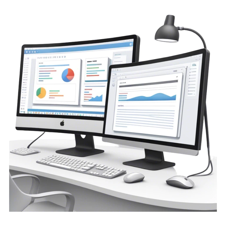 Create an emoji for UX/UI design. Show two large curved monitors displaying UX/UI design interfaces. Include a mouse, keyboard, and stylus next to the screens. Use modern, professional colors. Do not include any emojis or smiley faces. Make the background transparent. sticker