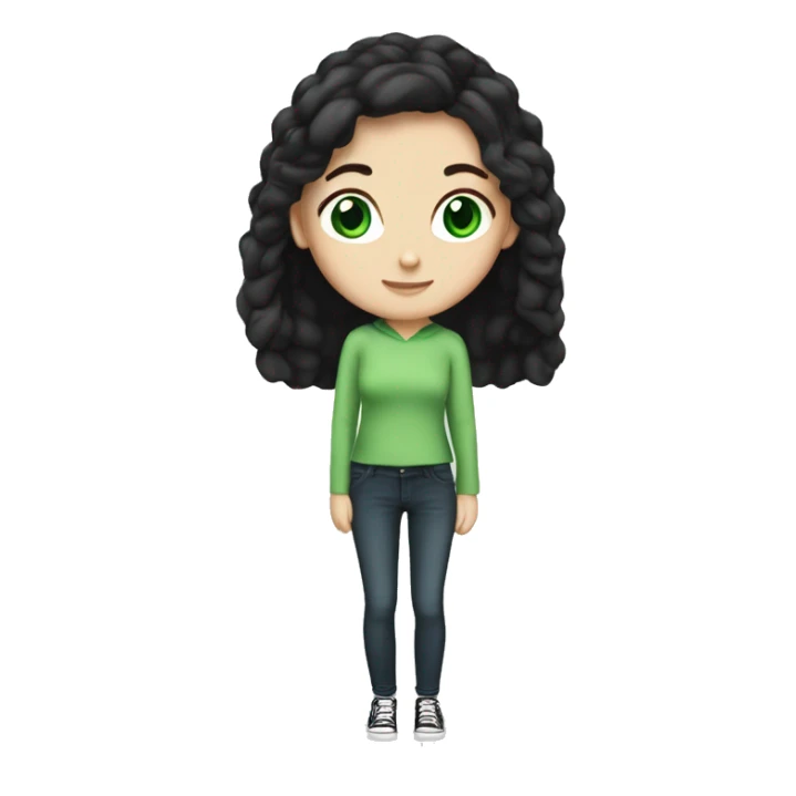white girl with black hair, green eyes full body sticker