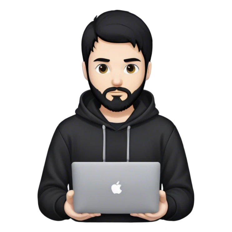 hackeur blanc cheveux noir barbe et capuche noir avec un macbook sticker