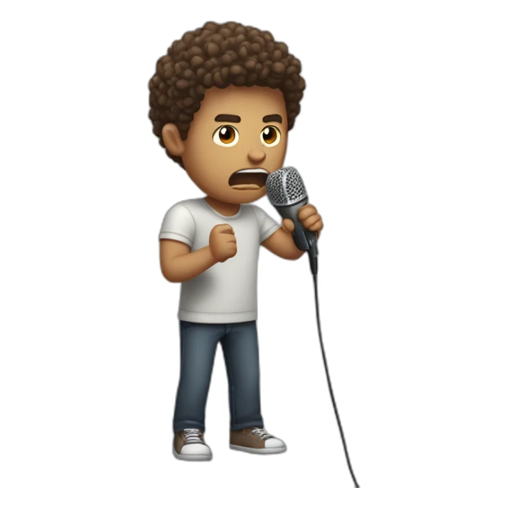 angry curly brown short hair guy putting his microphone in his mouth sticker