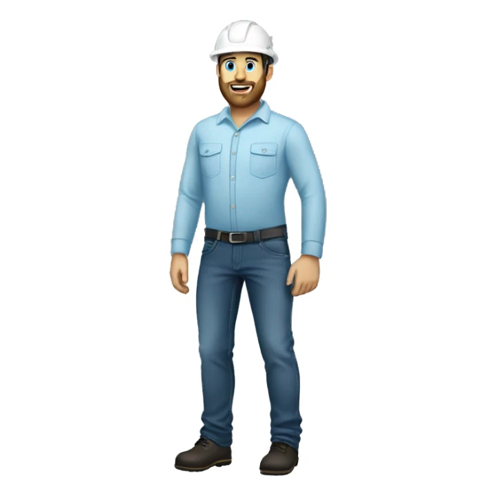 An engineer with beard, standing and wearing black jeans and light blue long sleeve and white helmet  sticker