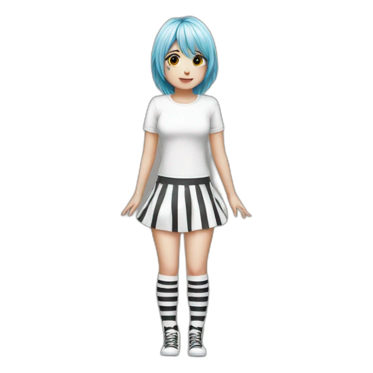 Hyperrealistic Frontal view curvy emo girl sits white skirt striped stockings hands up sticker