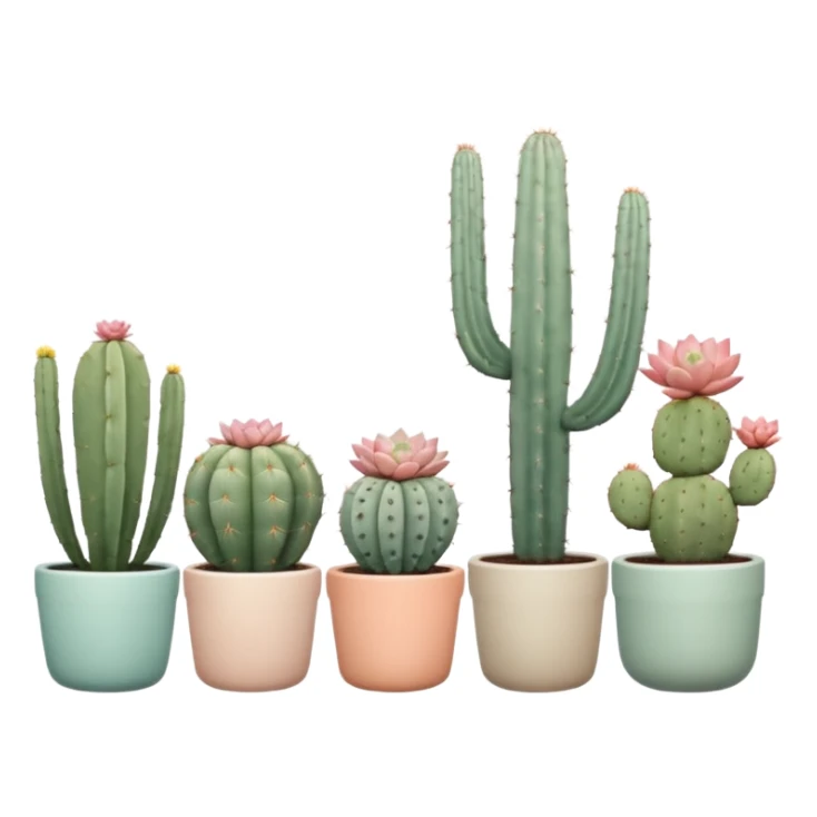 Ceramic pots in pastel colors, tall and short, round and square, containing desert cactus plants, hanging cacti, flowering cacti, echeveria succulents, and sedum succulents, placed in a row on the floor, white background sticker