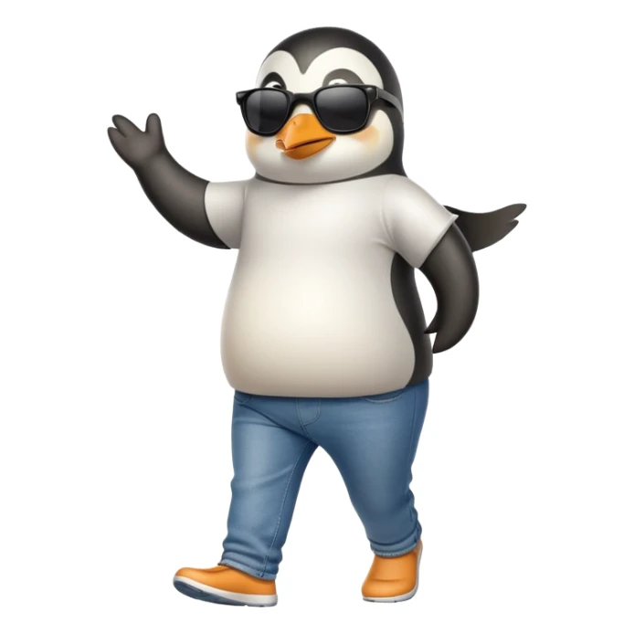 friendly anthropomorphised penguin in jeans and a t-shirt, wearing dark sunglasses, jogging upright, relaxed pose sticker