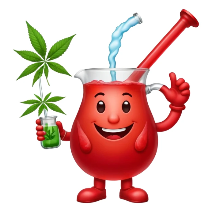 Kool-Aid Man pitcher character with legs and arms holding a bong with a cannabis leaf sticker