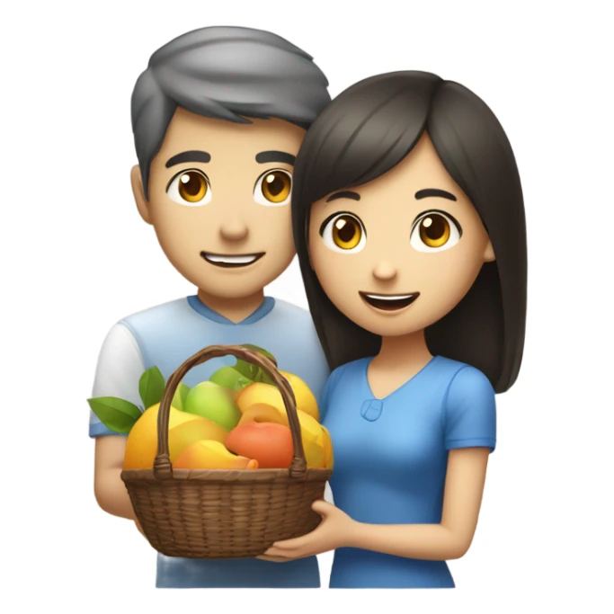 Asian girl giving fruit basket to white man with blue eyes sticker