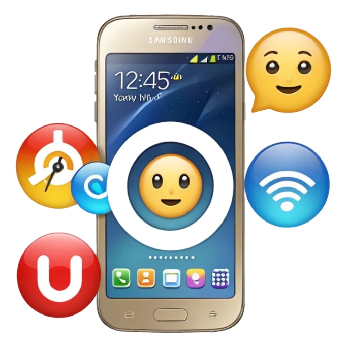 Samsung Galaxy phone with app icons, time, Wi-Fi sticker
