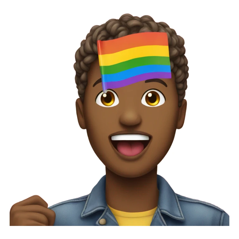person holding LGBTQ flag with tongue out sticker