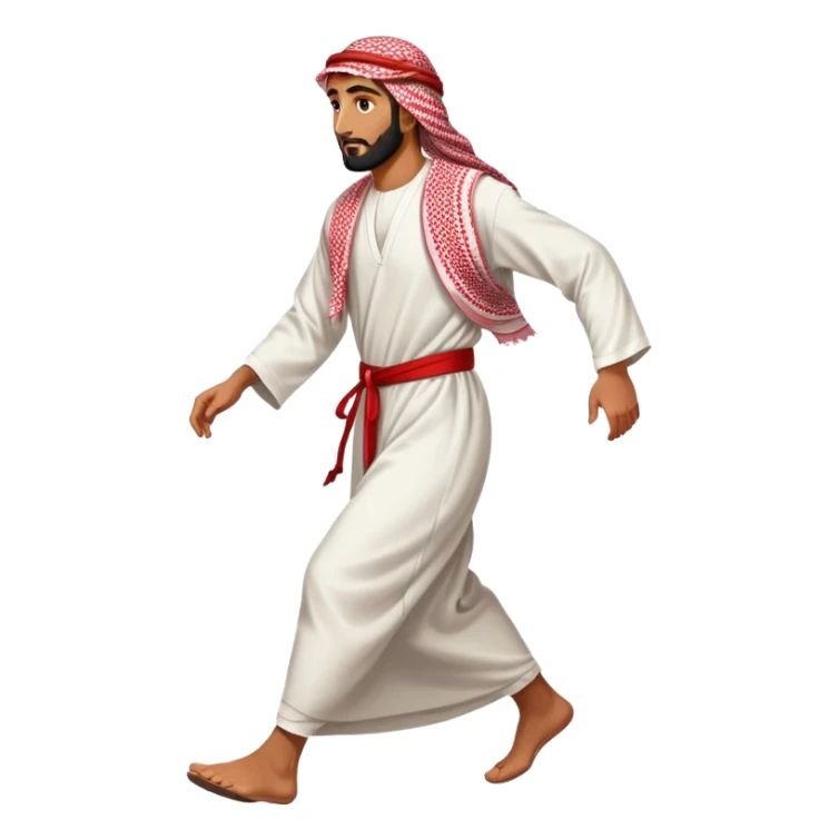Arab man walking, traditional thobe and keffiyeh, mid-stride sticker