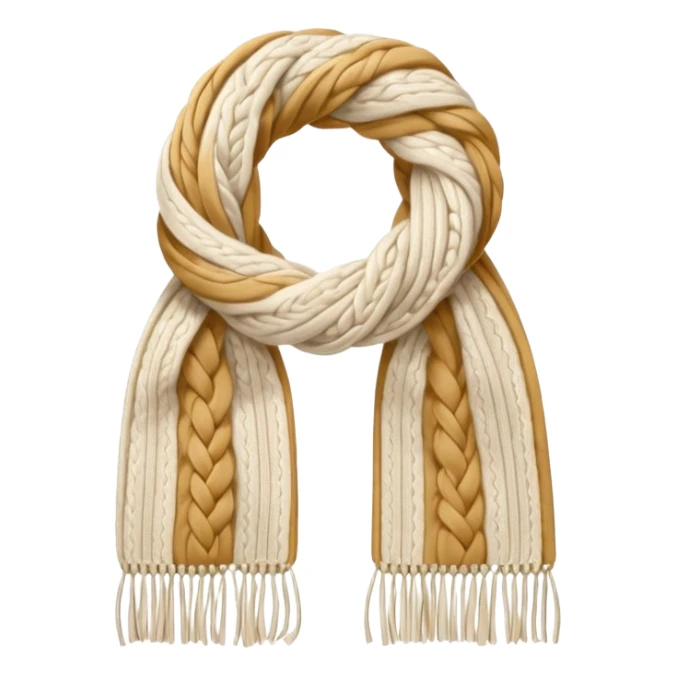 ivory cable-knit scarf emoji, isolated object, no person, folded not twisted, visible braided knit pattern like a knitted sweater, thick soft wool texture, light beige shadows, warm soft shading sticker