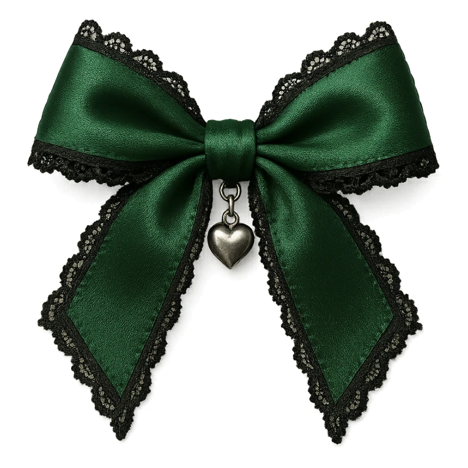 green gothic bow with black lace trim and heart charm, remove background sticker