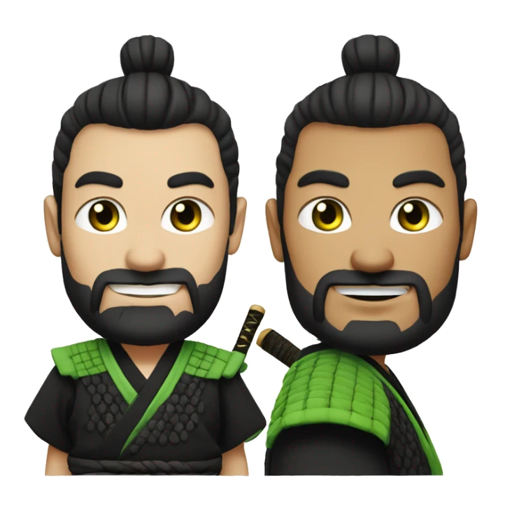white man with short beard and a "top knot" samurai style black hair. Plain black tshirt. green eyes. slightly smiling. sticker