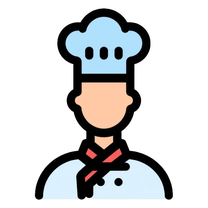 a pastry chef with a blue, white, and red collar sticker