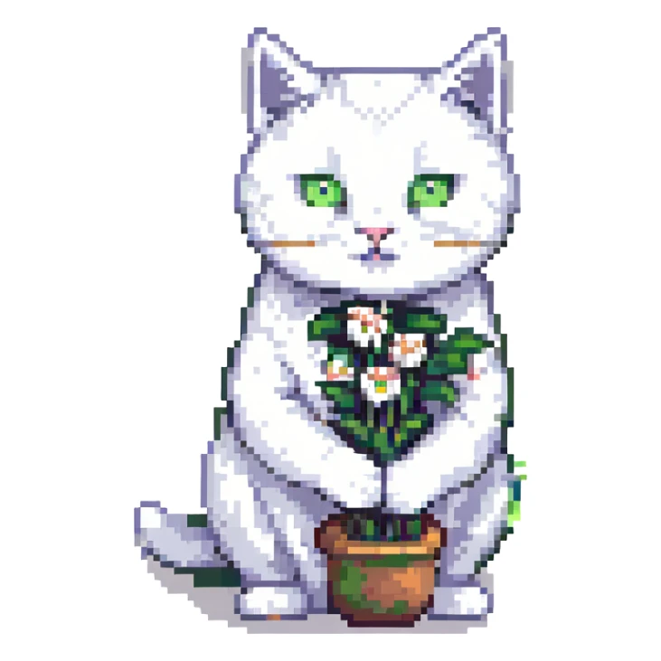 white cat holding green tulips sticker