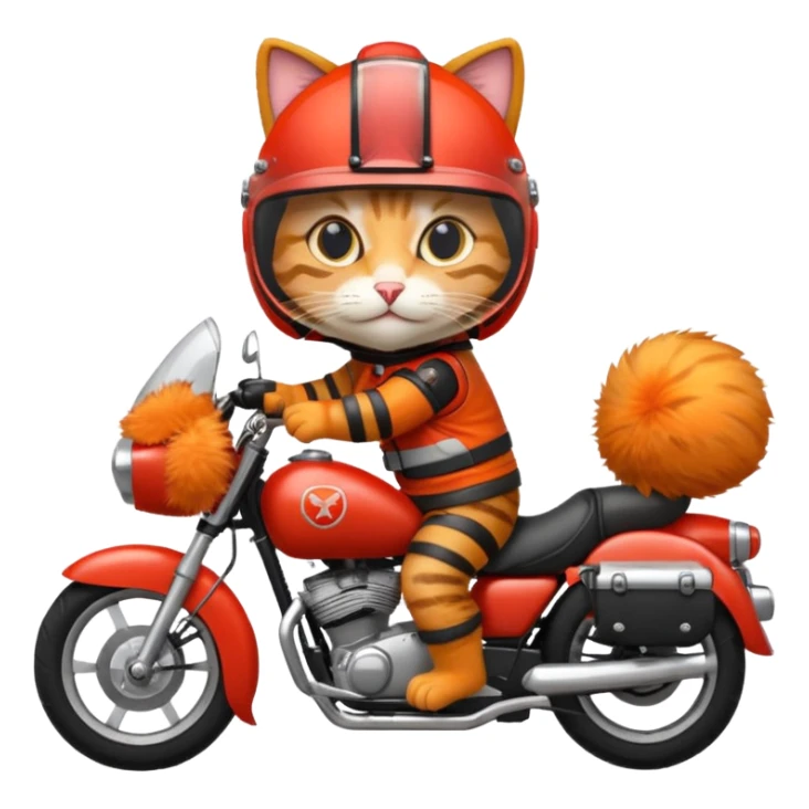 Cat on red and black motorcycle with helmet sticker