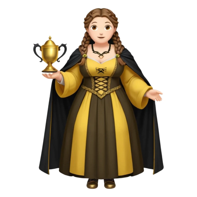 Helga Hufflepuff,brown-haired,2 braids,yellow-black medieval open dress,deep neckline,fat macromastia,black cloak decorated with gold braiding,gold cup with two handles,very kind smile,curvy busty sweet woman,round rosy cheeks,full length with medieval shoes sticker