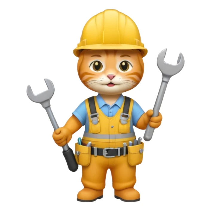 orange tabby cat wearing yellow hard hat holding tiny wrench, standing upright with tool belt, 3D emoji style sticker