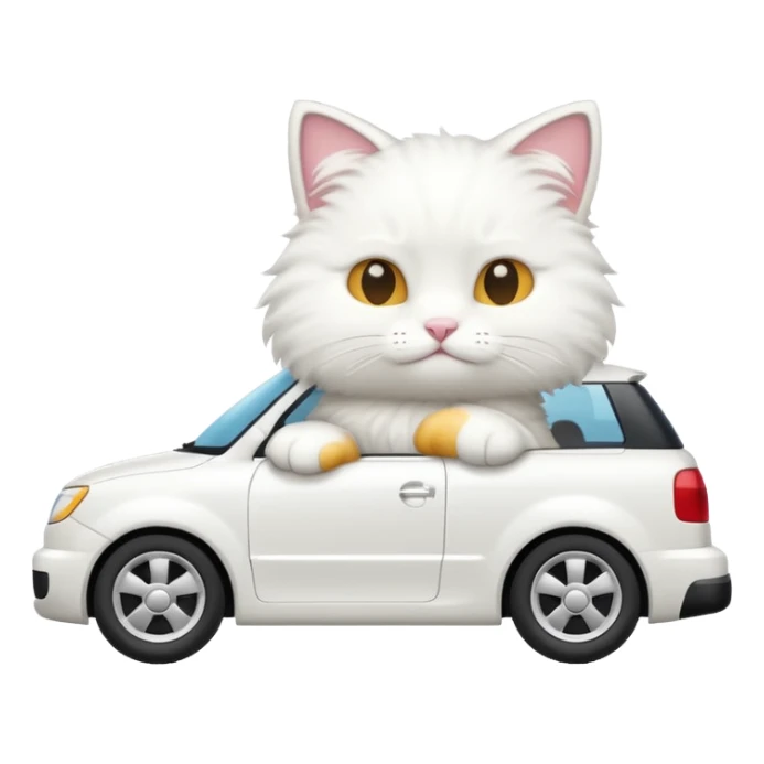 Please create a small emoji the size of 🚗 featuring a white cat on a white car viewed from side. Again the emoji must be extremely small, much small than a standard sized sticker. sticker