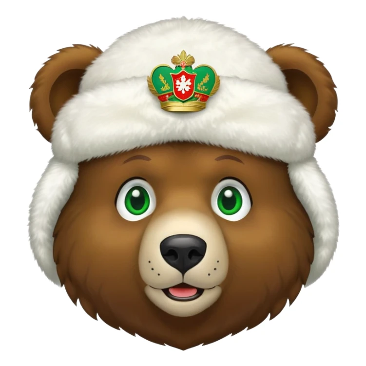Sweet brown bear face with green eyes, white fluffy ushanka hat with very visible Russian Federation coat of arms in center, iOS emoji style sticker