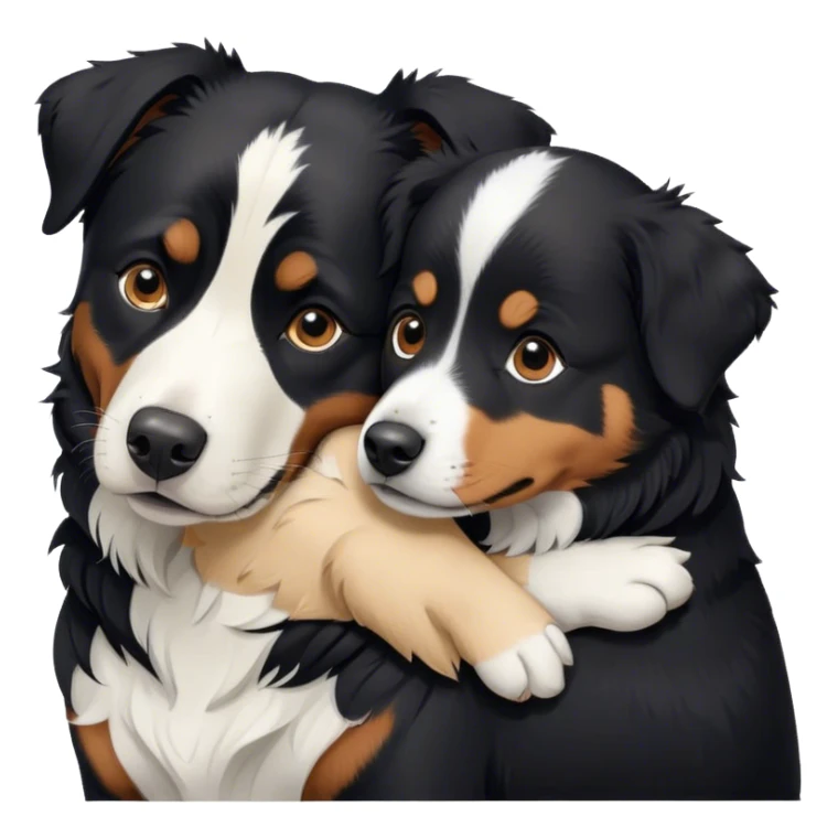 A black Rottweiler and black and white Border Collie snuggling together. sticker