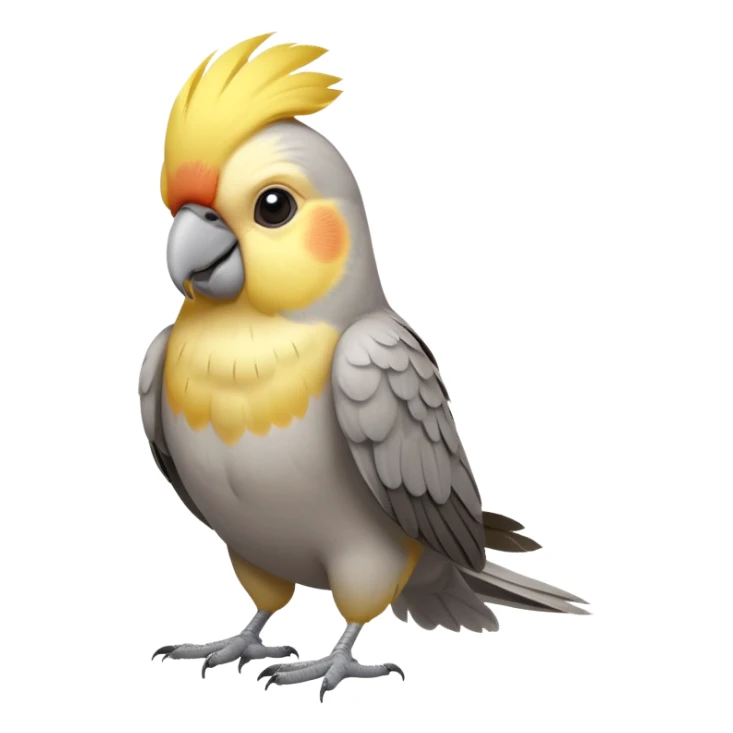 cinematic-[cockatiel]-realistic-full-body-sitting-emoji,-head-tilted-dramatically,-grey and yellow feathers,-simplified-yet-realistic-focused-features,-highly-detailed,-glowing-with-an-almost-sarcastic-glow sticker