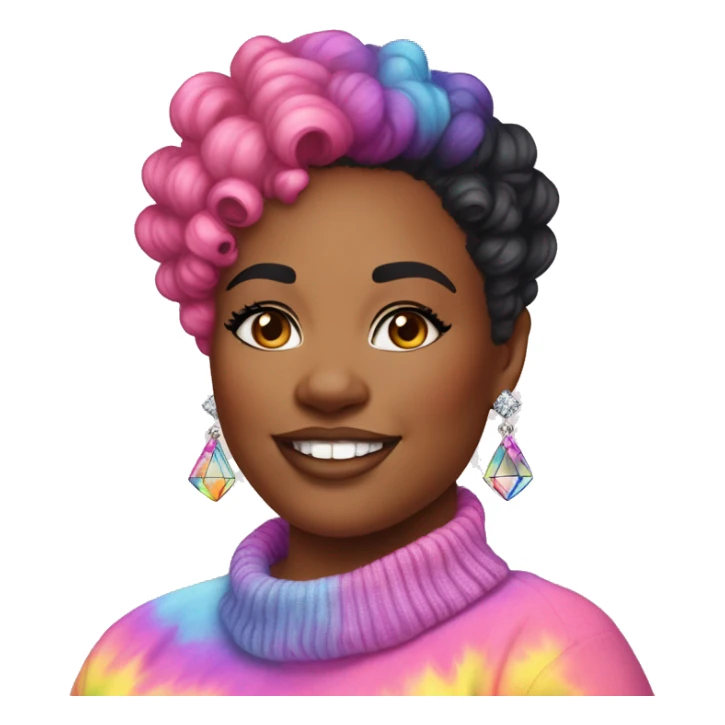 Plus size black woman with pink curly pixie cut hair and a rainbow tie dye sweater , and diamond stud earrings  sticker