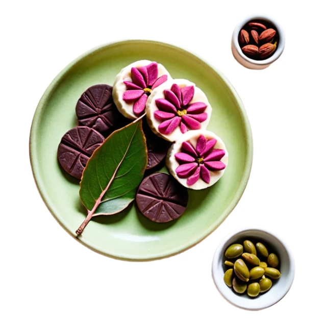 Una composición de arte en miniatura, estilo flat lay: un trozo de manteca de Karité o cacao cruda con una pequeña ramita de oliva y pétalos de rosa seca alrededor. Colores: tonos tierra, verde oliva y crema. Estilo: orgánico y de estudio fotográfico. Fondo suave. sticker