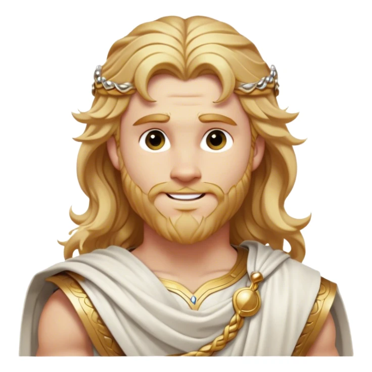 Cinematic Realistic Thor Portrait, head tilted playfully and inquisitively, showcasing his classical Greek god allure with a relaxed, yet commanding presence. His fair, radiant skin and flowing, wavy golden hair are highlighted by a gentle smile and twinkling, approachable eyes. Clad in a gracefully draped white toga with subtle golden embellishments, he exudes a lighthearted yet powerful charm under soft, natural lighting. sticker